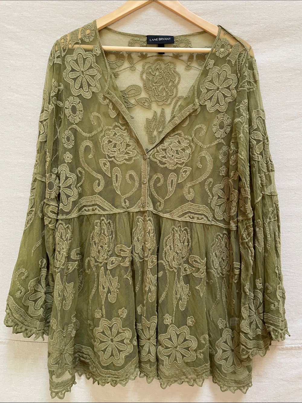 Lane Bryant Olive Embroidered V-Neck Tunic Blouse